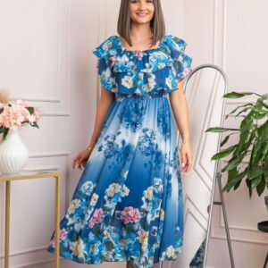 Rochie de ocazie Elle cu volane ample si imprimeuri florale - Albastru