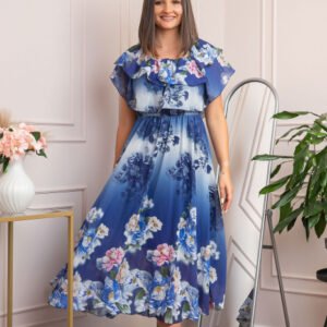 Rochie de ocazie Elle cu volane ample si imprimeuri florale - Bleumarin