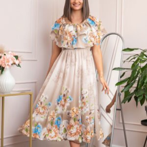 Rochie de ocazie Elle cu volane ample si imprimeuri florale - Crem