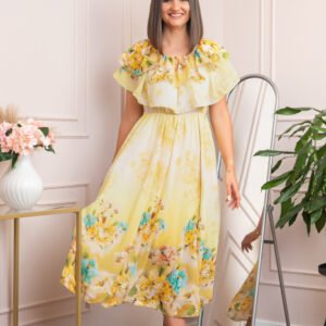Rochie de ocazie Elle cu volane ample si imprimeuri florale - Galben