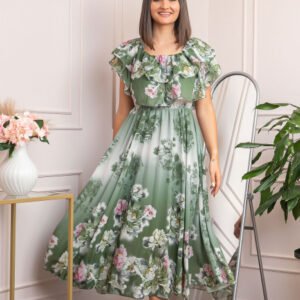 Rochie de ocazie Elle cu volane ample si imprimeuri florale - Kaki