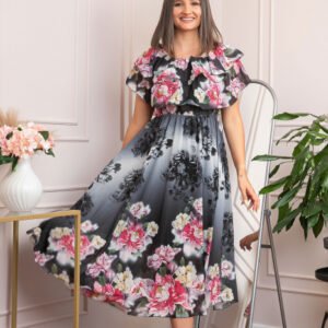 Rochie de ocazie Elle cu volane ample si imprimeuri florale - Negru