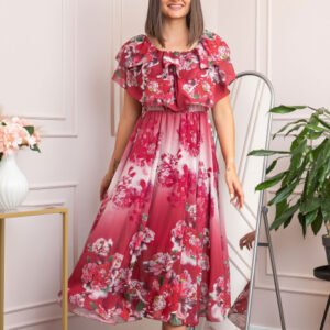 Rochie de ocazie Elle cu volane ample si imprimeuri florale - Rosu