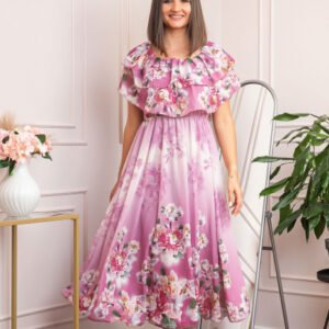 Rochie de ocazie Elle cu volane ample si imprimeuri florale - Roz
