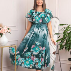 Rochie de ocazie Elle cu volane ample si imprimeuri florale - Verde