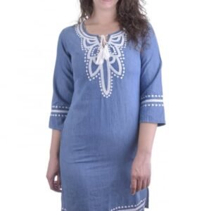 Rochie denim albastra cu motiv floral alb Claudia