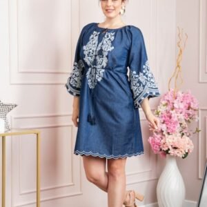 Rochie denim albastra cu motiv floral alb Lavinia