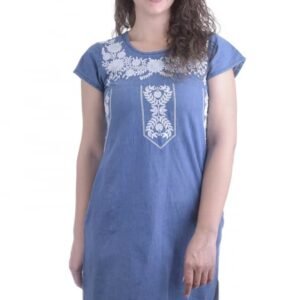 Rochie denim albastra cu motiv floral alb Luiza