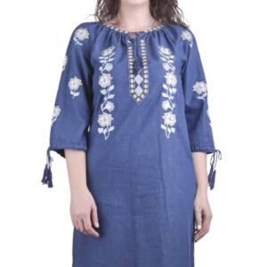 Rochie denim albastra cu motiv floral alb Romanita