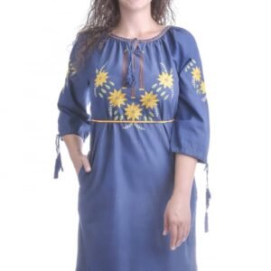 Rochie denim albastra cu motiv floral galben Flavia