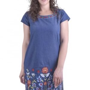 Rochie denim albastra cu motiv floral multicolor Brandusa
