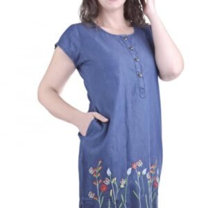 Rochie denim albastra cu motiv floral multicolor Camelia