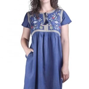 Rochie denim albastra cu motiv floral multicolor Cristina