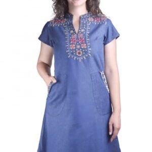 Rochie denim albastra cu motiv floral multicolor Dalia