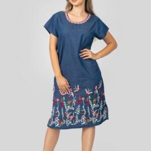 Rochie denim albastra cu motiv floral multicolor Rodica