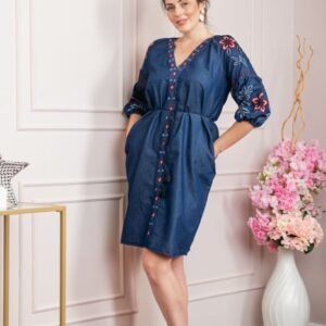 Rochie denim albastra cu motiv floral rosu Nicoleta
