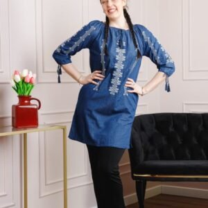 Rochie denim albastra cu motiv geometric alb Astrid