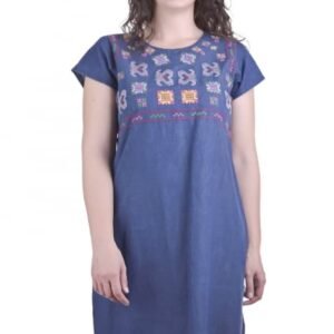 Rochie denim albastra cu motiv geometric multicolor Livia