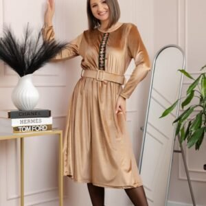 Rochie din catifea Layla cu centura in talie si detaliu boho-floral - Camel
