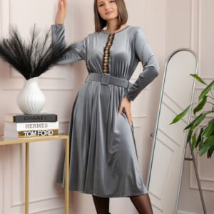 Rochie din catifea Layla cu centura in talie si detaliu boho-floral - Gri