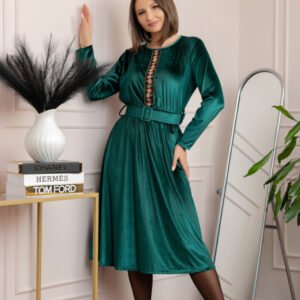 Rochie din catifea Layla cu centura in talie si detaliu boho-floral - Verde