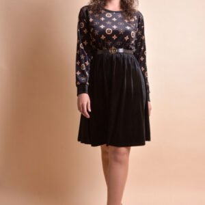 Rochie din catifea neagra cu imprimeu crem si curea in talie
