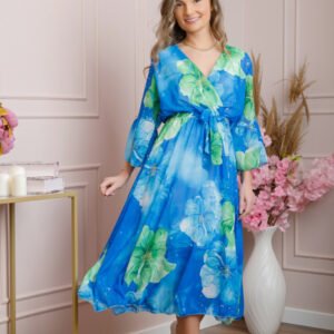 Rochie eleganta Adaline din voal albastru cu imprimeuri florale