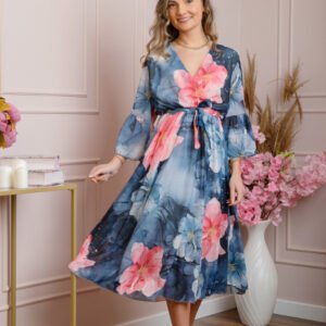 Rochie eleganta Adaline din voal bleumarin cu imprimeuri florale