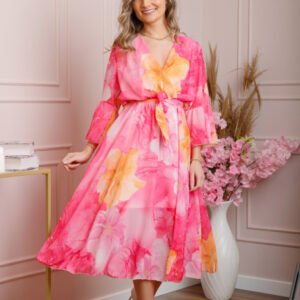 Rochie eleganta Adaline din voal ciclam cu imprimeuri florale