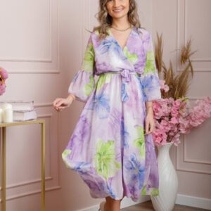 Rochie eleganta Adaline din voal lila cu imprimeuri florale