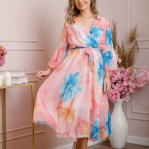 Rochie eleganta Adaline din voal roz cu imprimeuri florale