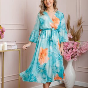 Rochie eleganta Adaline din voal turcoaz deschis cu imprimeuri florale