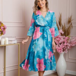Rochie eleganta Adaline din voal turcoaz inchis cu imprimeuri florale