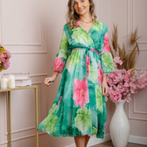 Rochie eleganta Adaline din voal verde cu imprimeuri florale