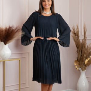 Rochie eleganta Arya bleumarin plisata cu maneci lungi