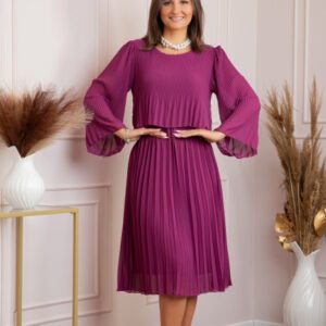 Rochie eleganta Arya fuchsia plisata cu maneci lungi