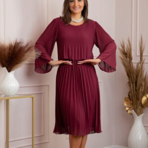 Rochie eleganta Arya grena plisata cu maneci lungi