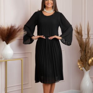 Rochie eleganta Arya neagra plisata cu maneci lungi