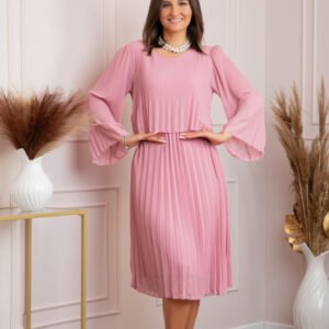 Rochie eleganta Arya roz plisata cu maneci lungi