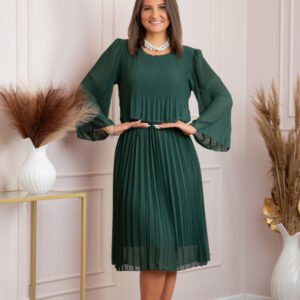 Rochie eleganta Arya verde plisata cu maneci lungi