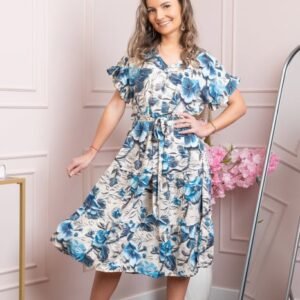 Rochie eleganta Maribel cu volanase si cordon in talie - Albastru