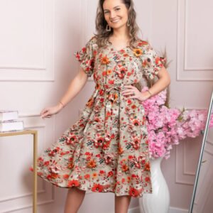 Rochie eleganta Maribel cu volanase si cordon in talie - Bej