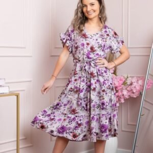 Rochie eleganta Maribel cu volanase si cordon in talie - Lila