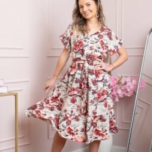 Rochie eleganta Maribel cu volanase si cordon in talie - Rosu
