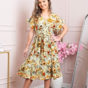 Rochie eleganta Maribel cu volanase si cordon in talie - Verde pastel