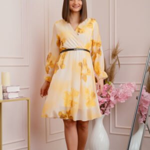 Rochie eleganta Melody din voal cu imprimeu floral galben si bust petrecut