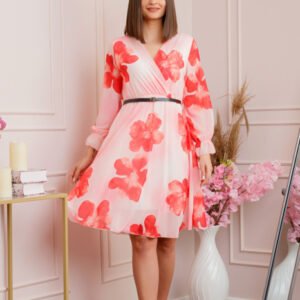 Rochie eleganta Melody din voal cu imprimeu floral rosu si bust petrecut
