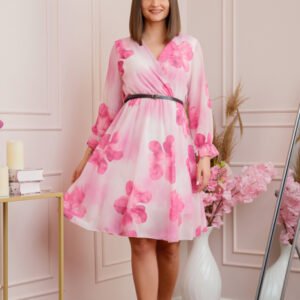 Rochie eleganta Melody din voal cu imprimeu floral roz si bust petrecut