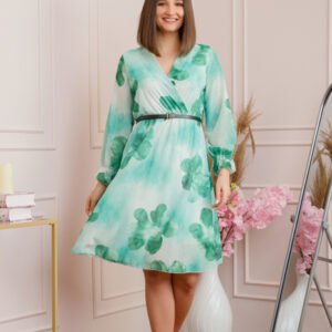 Rochie eleganta Melody din voal cu imprimeu floral verde si bust petrecut