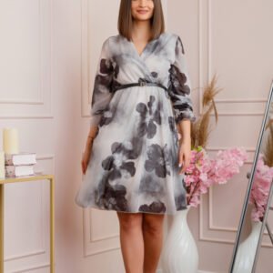 Rochie eleganta Melody gri din voal cu imprimeu floral negru si bust petrecut